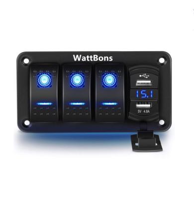 China Sturdy and durable WattBons 3 Gang Electrical Rocker Switch Panel On Off Switch Aluminum Holder With Car Dual USB Charger Waterproof 12V 24V for sale
