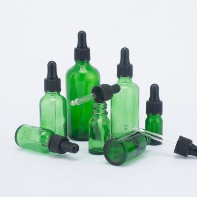 China Personal Care 5ml 10ml 15ml 20ml 30ml 50ml 100ml Green Dropper Bottle Essential Oil Glass Bottle Cosmetic Refillable Bottle With Plastic Lid for sale