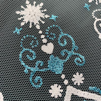 China Breathable Textiles Embroidery Fujiu Mesh Tulle Blue Flocking Fabric With Pattern Printed Decoration Garment for sale