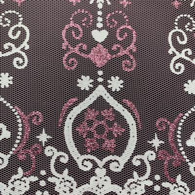 China High Quality Textiles Breathable Mesh Tulle With Pattern Printed Pink Flocking Tulle Mesh Fabric For Curtain for sale