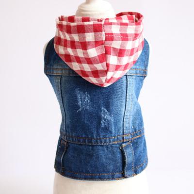 China Sustainable Wholesale Pet Plaid Jeans Clothes With Hat For Summer Cool Dog Clothes For Pet Products for sale