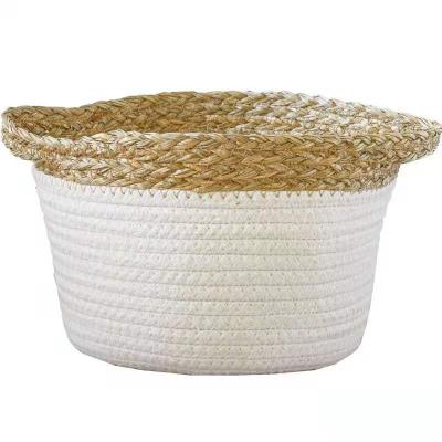 China Water Eco-friendly Durable Grass Woven Cotton Rope Handle Cloth Storage Basket Snack Splicing Basket for sale