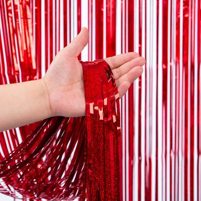 China PET Red Metallic Fringe 3x6m 300cmx600cm Hanging Tinsel Curtain for sale