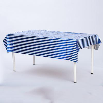 China Stripped Blue Disposable Tablecloth 1.8m Rectangular Plastic Tablecloth for sale