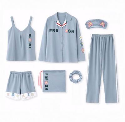 China New Fashionable SHINY QUICK DRY cotton plain color 7 piece pajamas set long sleeve button sleepwear for women for sale