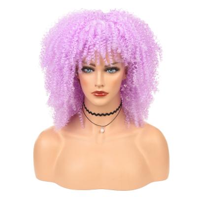 China High Heat Resistant Fiber Short 14Inch Temperatured Curly Afro Wigs For Black Women Bombshell Afro Kinky Curly Wig With Bangs Synthetic Fiber Full Wig for sale