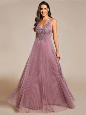 China Elegant V-neck Floor-length Appliqued Zipper Two Straps A-line Purple Orchid Crepe Tulle Evening Dress for sale