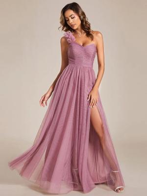 China Exquisite One-shoulder Sweetheart Ruffled A-line Zipper Pleated High Slit Purple Orchid Tulle Evening Dress for sale