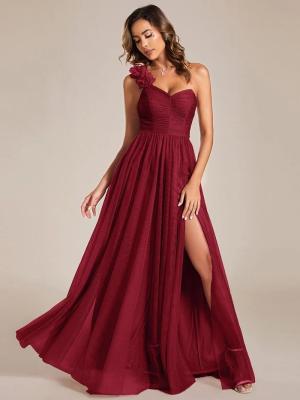 China Exquisite One-shoulder Sweetheart Ruffled A-line Zipper Pleated High Slit Burgundy Tulle Evening Dress for sale