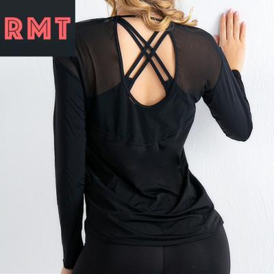 China Custom Women's Sexy Sports Fitness Yoga Clothes T-shirt Label Coat Long Sleeve Mesh Top Back Breathable Blouse Beautiful for sale