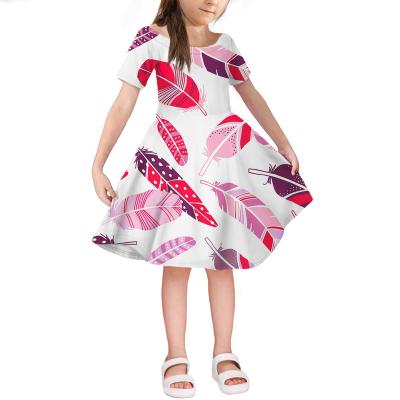 China 2022 Washable Pink White Baby Summer Dress Fashionable Feather Pattern Print Dress Kids Summer Clothes Knee Length Bohemian Dress Casual for sale