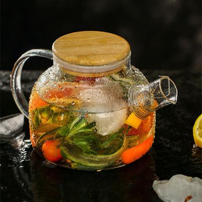 China Small Potassium 1000ml Silicate Portable Stainless Steel Sustainable Filter Spiral Glass Teapot Set With Bamboo Lid for sale
