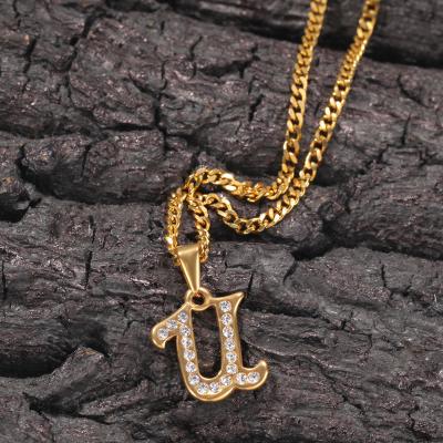 China Fashion Hiphop Cuban Stainless Initial Letter Necklace Rhinestone Rhinestone Hip Hop Link Chain Charms Steel Pendant for sale