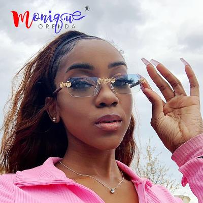 China Eyewear Trade 2021 Women Fit Over The Ground Rimless Square Colored Crystal Sunglasses Luxury Rhinestone Eye Glasses for sale