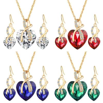 China Factory Advantage Bridal Wedding Jewelry Set Luxury Big Heart Shaped Crystal Glass Earring Necklace Earring Set For Women for sale