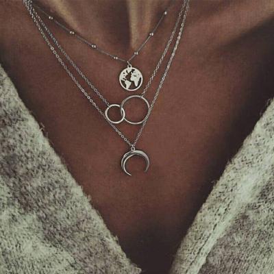 China Trendy Multi Layer Pendant Circle Necklace Geometric Moon Fashion Map Shape Hollow Necklace for sale