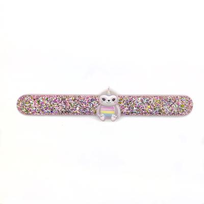 China Hot factory direct sale dome resin sloth charm cute sparkle PU slap bracelet cute girl accessory funny animal for sale