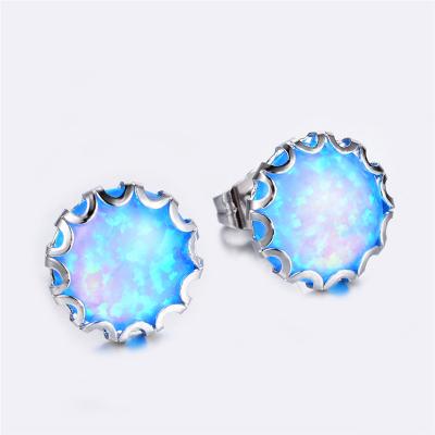China FASHIONABLE Cute Female Small Round Stud Earrings Vintage 925 Silver Wedding Stud Earrings For Women Boho White Blue Fire Opal Earrings for sale