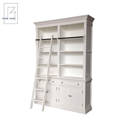 China Hamptons Style Hot Sale Adjustable Stain 2 (Other) Bays Shelf White Wood Bookcase With Ladder for sale