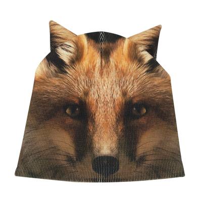 China JOINT New Design Cartoon Wolf Print Animal Beanie Hat With Ear Design for sale
