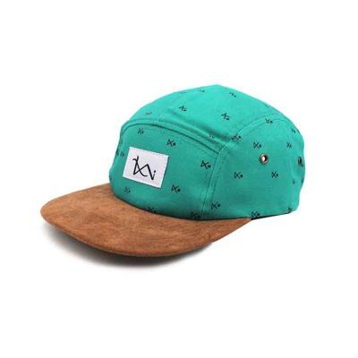 China Wholesale Outdoor Rise Woven Patch Logo Printing Camp Cap OEM COMMON Logo Suede Flat Brim 5Panel Snapback Hat for sale