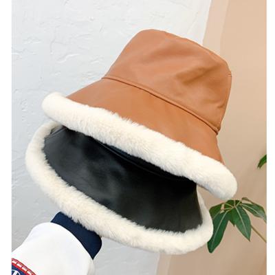 China New Style Solid Color Winter Waterproof PU Outside Lamfur Fleece Winter Bucket Hat Fasion Design Fisherman Hat for sale