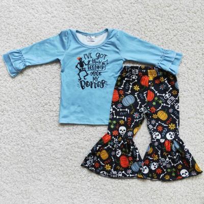 China Cute Girls Halloween Clothing Blue Screen Print Pumpkin Shirt Bell Bottom Pants Outfits Wholesale Casual Kids Clothing for sale