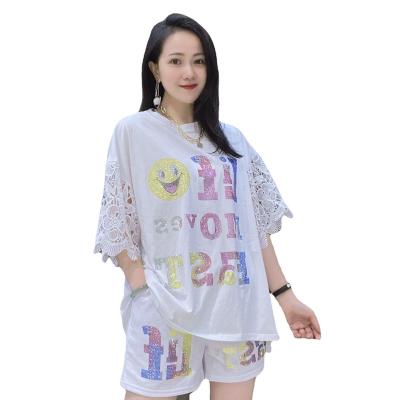 China 2021 Summer Cotton Shorts QUICK DRY Casual Suit Lace Sleeve Quilting Two Piece Suit for sale
