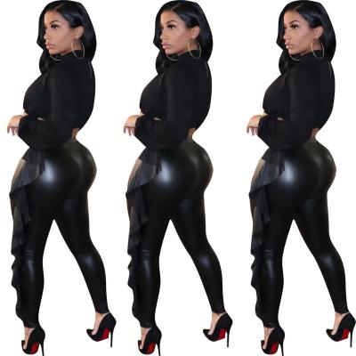 China Anti-Wrinkle New Arrival Ruffle PU Leather High Leg Pants Woman Color Elasticity Women Bodycon Pants Sheer Sexy Women Bottoms for sale