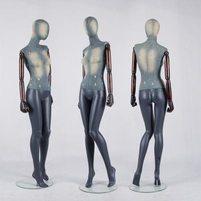 China New Design Plus Size Denim Cloth Body And Legs Female Dress Fiberglass Painted Dummy Mannequins With Antique Walnut Wooden Arms for sale