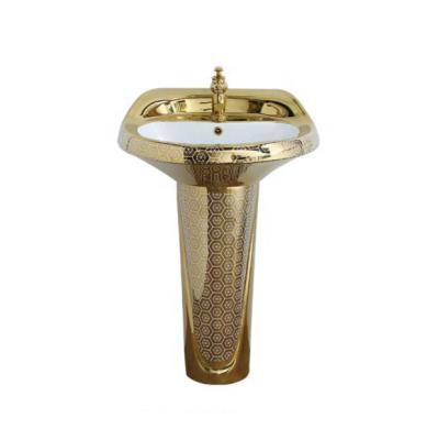 China Hot Clean Luxury Ceramic Color Floor Standing Basin Pedestal Washbasin Gold Bathroom Sink for sale