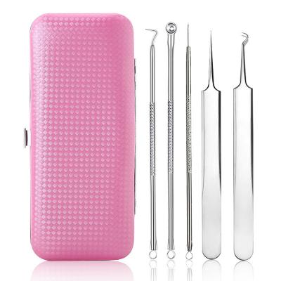 China 5 PCS Stainless Steel Acne Needle Blackhead Remover Set With Mirror Blackhead Remover Button Snap Tool With Leather Bag for sale