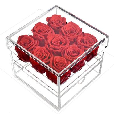 China Durable Preserved Roses Extra Large 9 Clear Acrylic Rose Flower Box With Romantic Cover Flowers for sale
