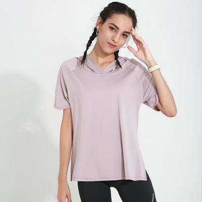 China Women's Breathable Short Sleeve Workout Sports Loose Quick Dry Active T-Shirt With Hoodie for sale