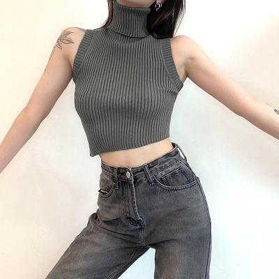 China Breathable Turtle Neck Street Style Sheath Casual Solid Slim Skinny Basic Tanks Sleeveless Wear Ribbed Knitted Tank Tops Women for sale
