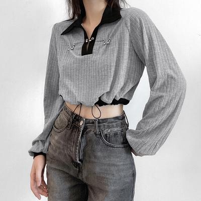 China Anti-Wrinkle Spring Autumn Skinny Teen Girl Turn-Down Collar Women's Ins Style T-Shirt Knit Simple Crop Tops Shirts for sale