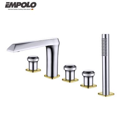 China Without Slide Bar Waterfall Spout Long Tub Mounted Hot and Cold Platform Mounted 5 Hole Bathtub Shower Mixer Set for sale