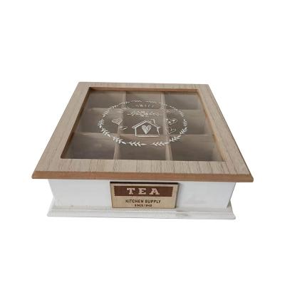China Craft 9 Compartments Rustic Handmade Wood Wooden Tea Bag Box Wooden Jewelry Storage Box With Glass Top for sale