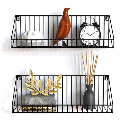 China Decorative Rustic Home Storage Wall Shelf Wall Mounted Set of 2 Picture Frame Black Wood and Metal Wire Wall Rack for sale