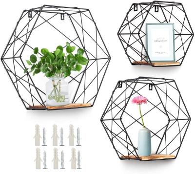 China Rustic Set of 3 Hexagonal Rustic Wooden Floating Shelves Metal Farmhouse Storage Shelves Modern Wall Mounted Decorative Shelf for sale