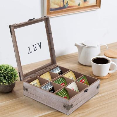 China Rustic Rustic Wooden Tea Bag Box Holder Organizer Wood Tea Storage Box Chest with Dividers for Home Decor for sale