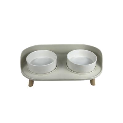 China Non-automatic Manufacturer wholesale original style ceramic wooden frame pet cat dog bowl for sale