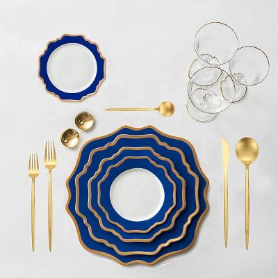 China Royal Blue Gold Rim Charger Plate Viable Wholesale Hot Bone China Dinnerware Plate Sets For Restaurant Home Wedding for sale