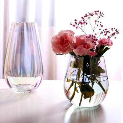 China Modern Ribbed Iridescent Ion Plating Glass Vase for Household Nordic Home Decor Flower Vase Wedding Glass Table Decoration for sale