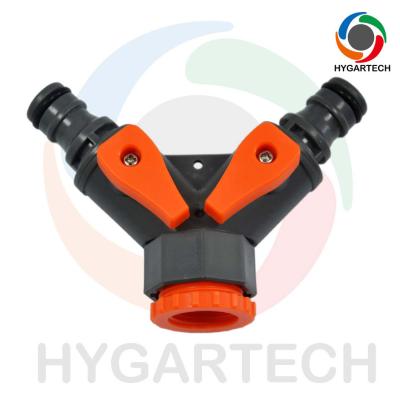 China Plastic Garden Two-Way Manifold Ball Valve Distributor Tap With Female Thread X Two Click Quick Connect for sale