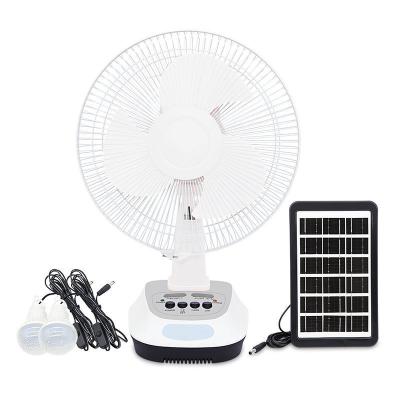 China 12inch Solar Table Fan Rechargeable Solar Panels Power Battery Standing Table Fans with 2 Light Bulbs for sale