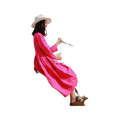 China Breathable Party Style Loose Dresses Long Skirt Literary Original Big Red Linen Dress With Nine-Quarter Sleeves for sale