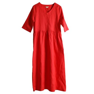 China Anti-static V-neckline loose linen ladies dresses long one-piece women's summer dress women's clothing for sale