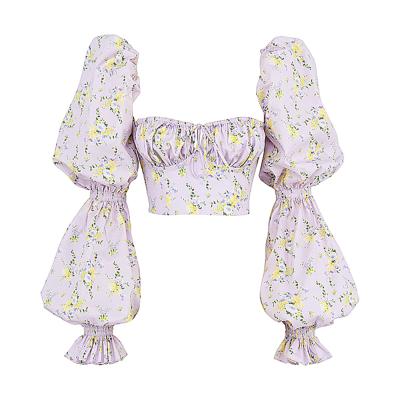 China Factory price anti-shrink lilac floral pattern soft long sleeve puff top for outdoor parties for sale