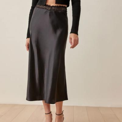 China New Design Breathable Black Silk Swing Trim Lace Midi Skirt for sale